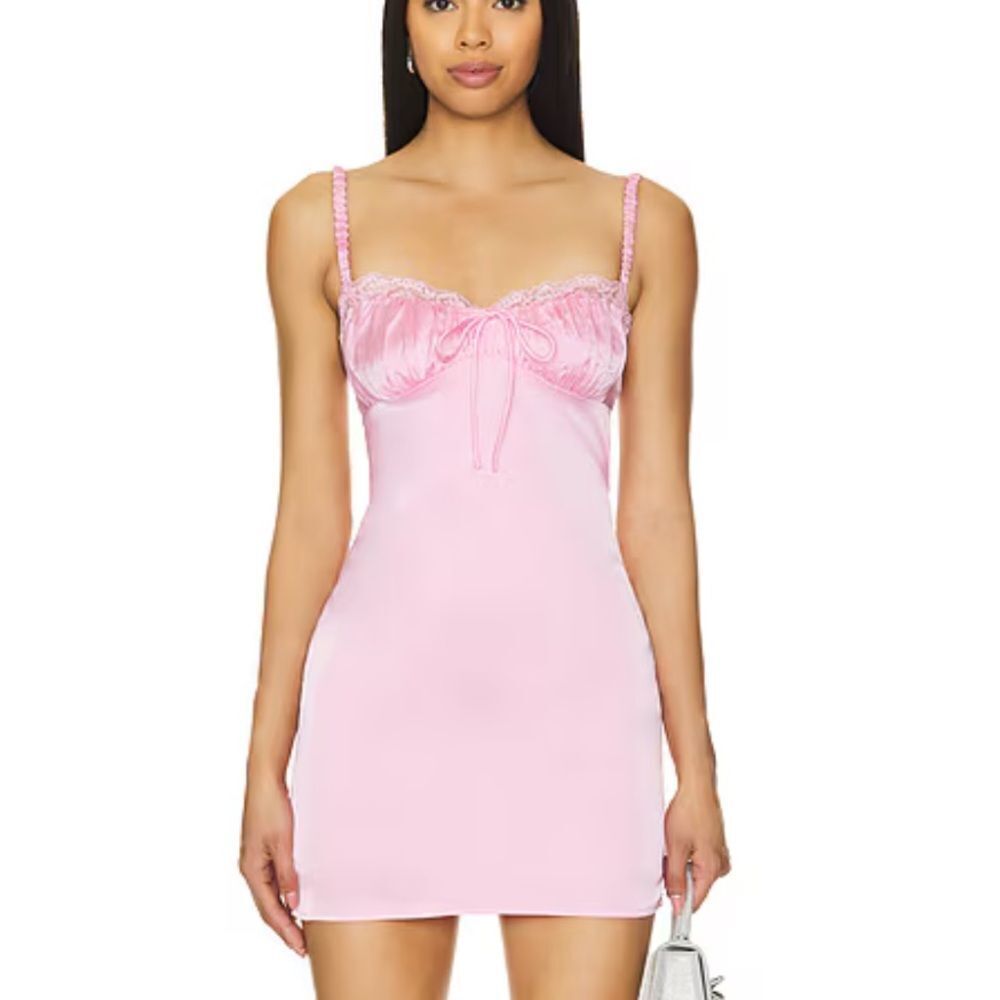 More To Come Kimberly Mini Dress Baby Pink Satin slip Chemise Revolve S